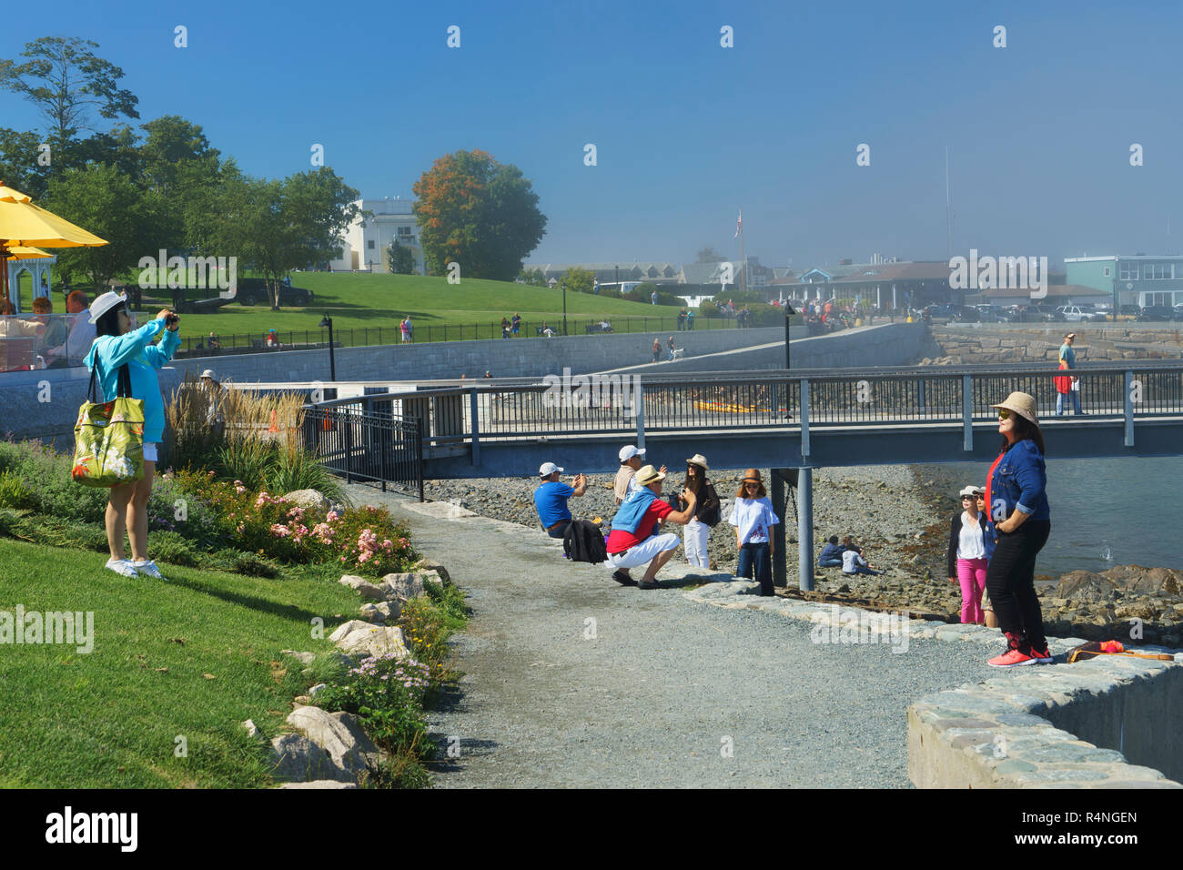 Les touristes asiatiques à prendre des photos en face de la baie Frenchman, Bar Harbor, Maine, USA. Banque D'Images