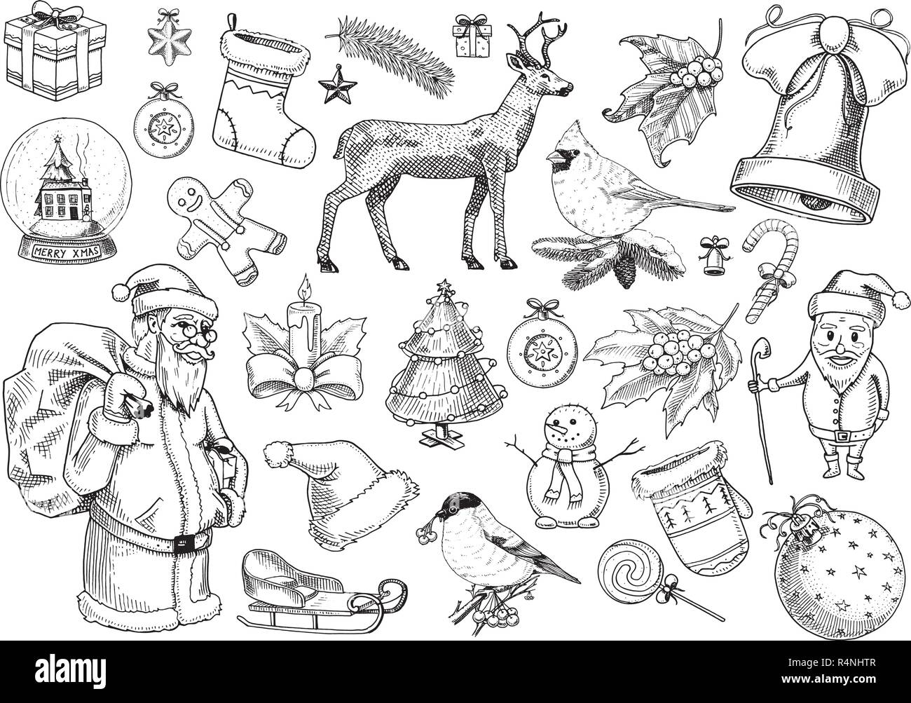 Ensemble de Joyeux Noël et Nouvel An, éléments de Noël avec des animaux et le Père Noël. gravés à la main dans de vieux croquis et vintage style doodle. Vector illustration. Illustration de Vecteur