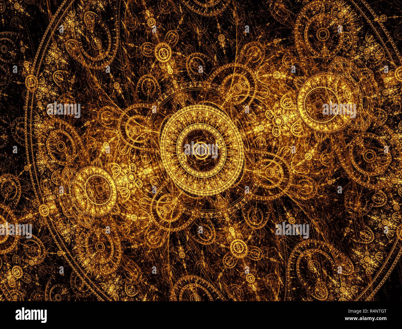 Résumé motif de cercles d'or et de courbes, comme un cadran translucide avec une horloge. - Art Fractal image générée par ordinateur. Mystique, ou de la technologie Banque D'Images