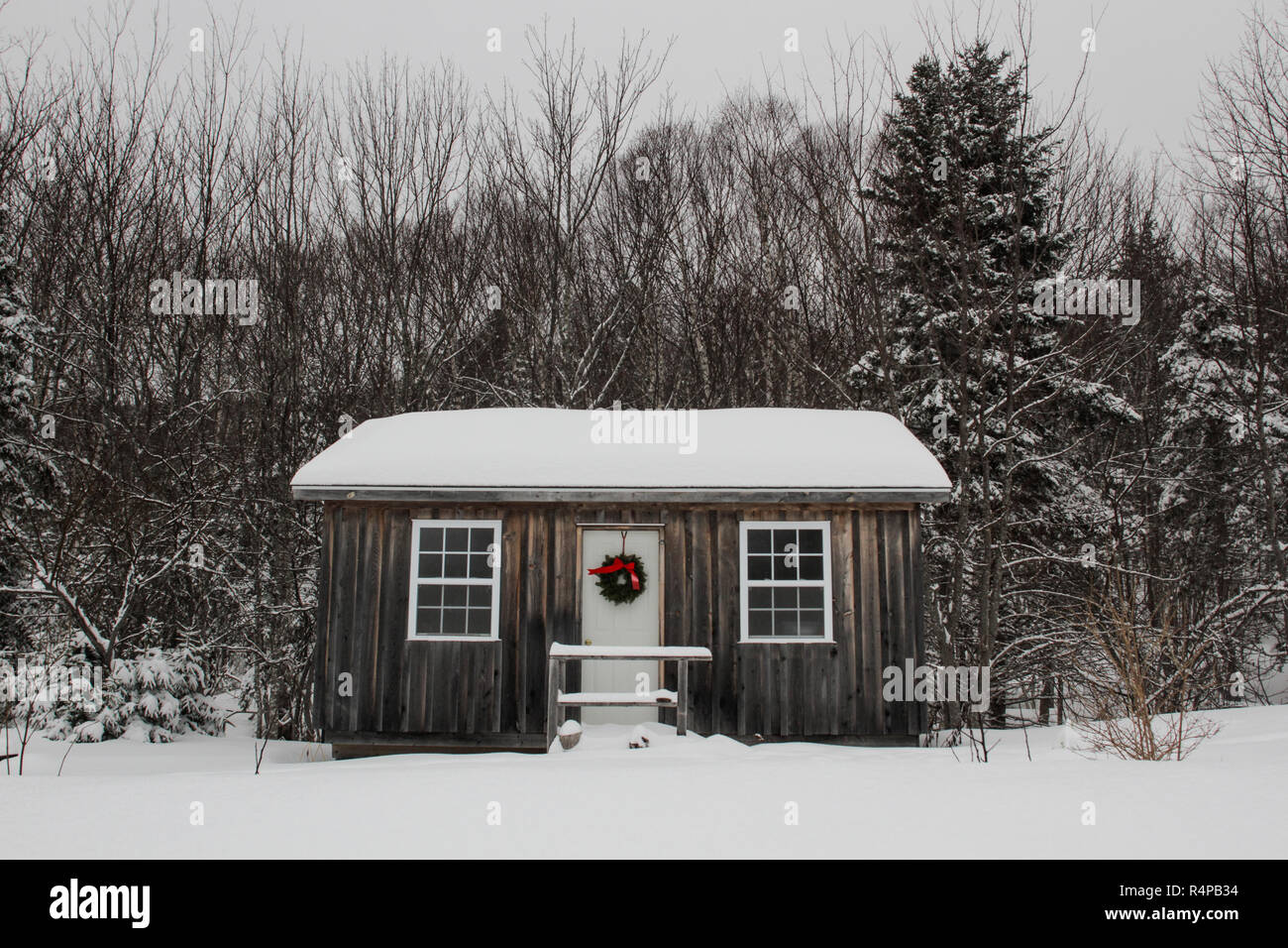Une petite cabane dans les bois du Cap-Breton, en Nouvelle-Écosse, décorée pour Noël Banque D'Images