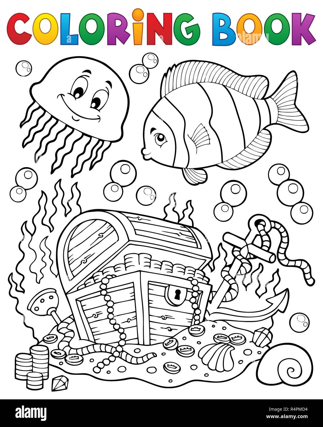 Livre de coloriage coffre de trésor underwater Banque D'Images