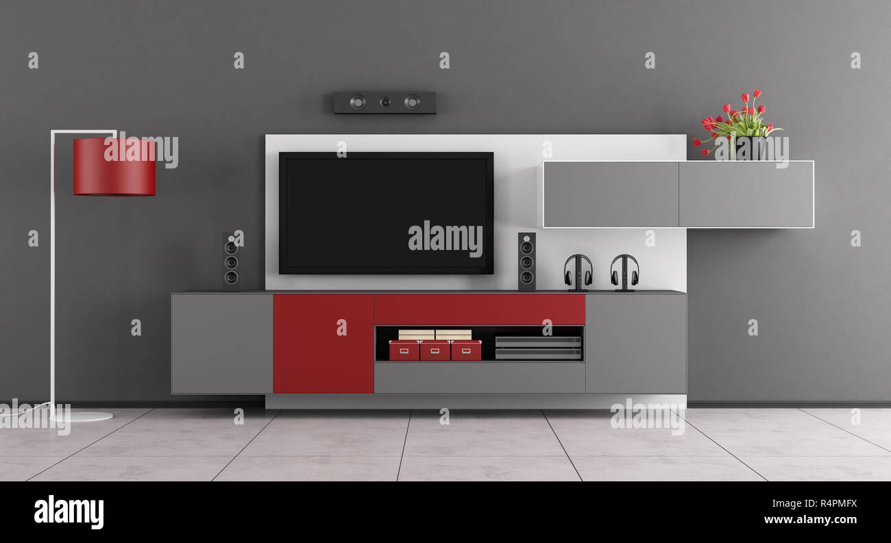 Gris et rouge salon TV - le rendu 3D Banque D'Images