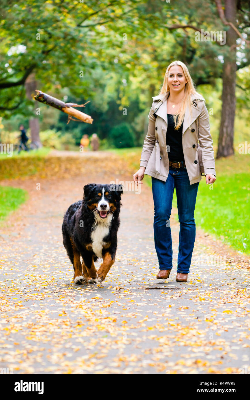 Femme et chien à récupérer jeu du bâton Banque D'Images