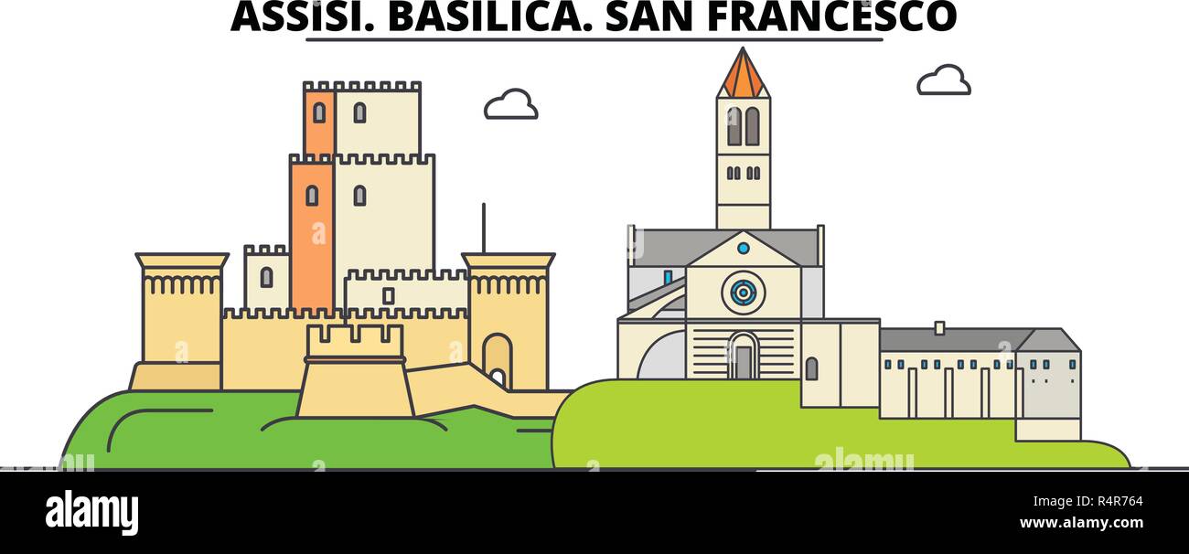 Assise. Basilique. San Francesco - autres sites franciscains ligne monument, Skyline, vector design. Assise. Basilique. San Francesco - autres sites franciscains illustration linéaire. Illustration de Vecteur