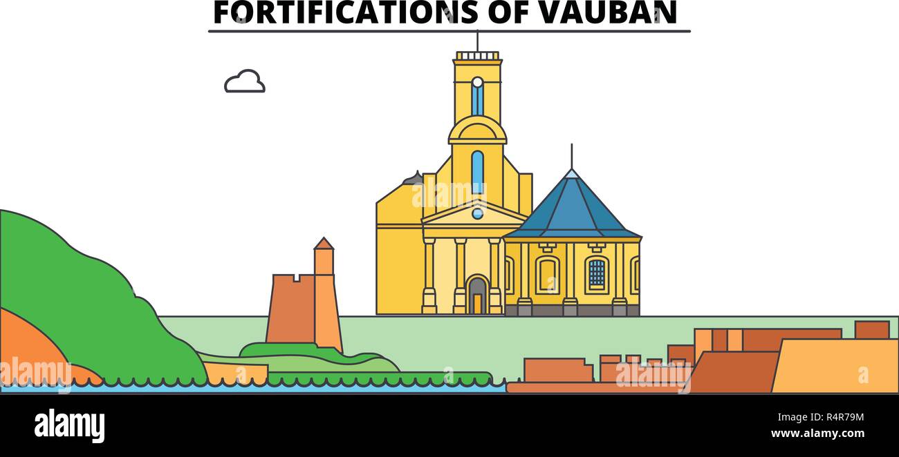 Fortifications de Vauban voyage ligne monument, Skyline, vector design. Fortifications de Vauban illustration linéaire. Illustration de Vecteur