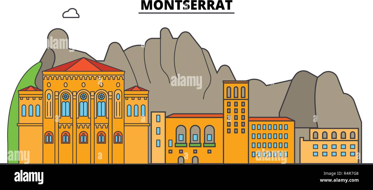 Ligne Montserrat skyline vector illustration. Paysage urbain linéaire de Montserrat avec des sites célèbres, sites de la ville, vecteur, la conception du paysage. Illustration de Vecteur