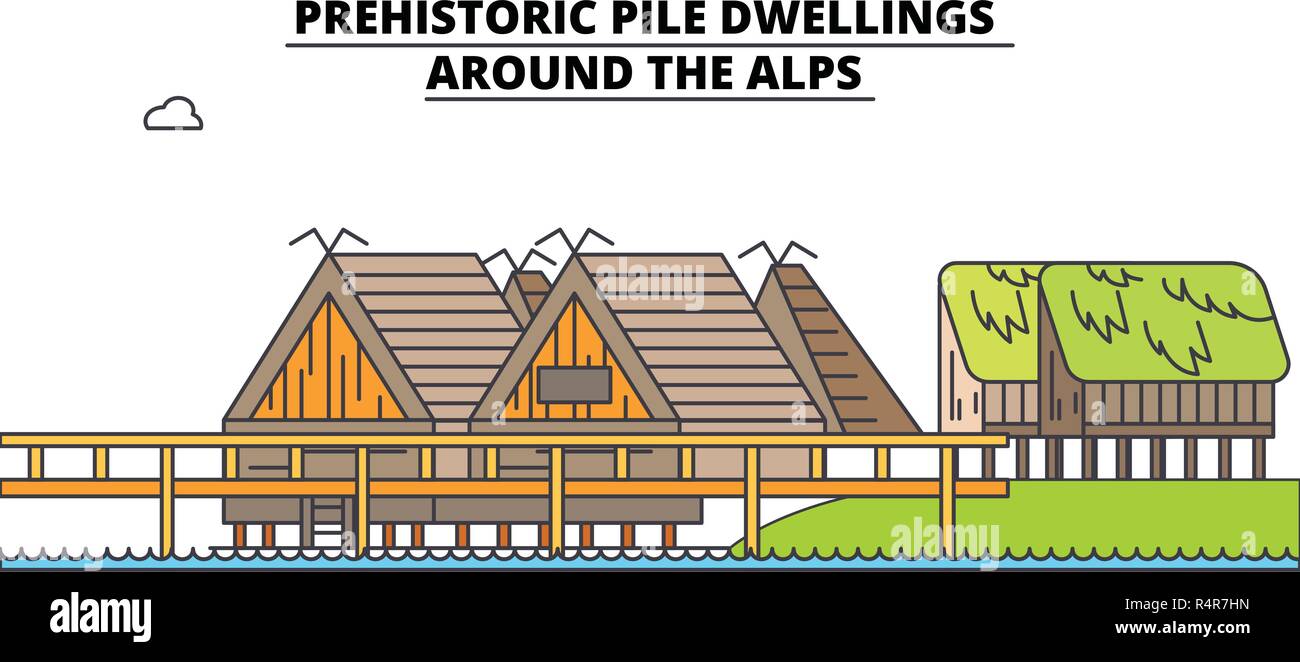 Pile Dwellings préhistorique - autour de la ligne des Alpes billet monument, Skyline, vector design. Pile Dwellings préhistorique - autour de l'illustration linéaire des Alpes. Illustration de Vecteur