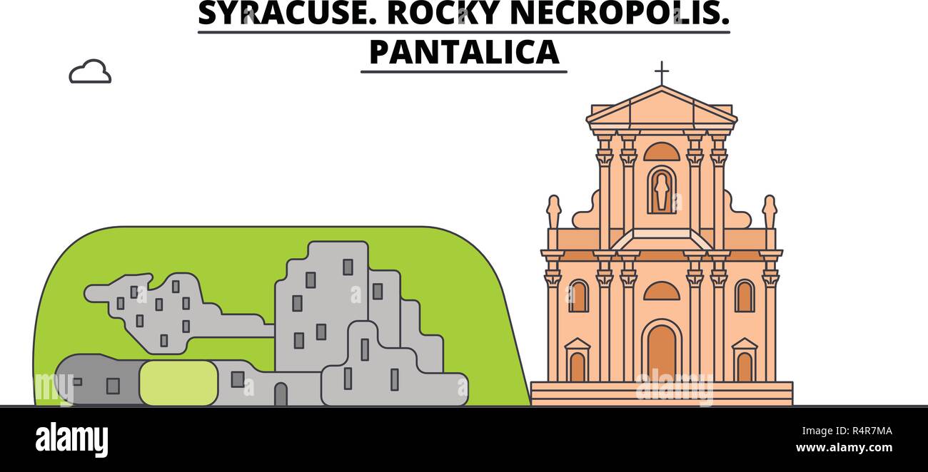 Syracuse. Nécropole rocheuse - Pantalica ligne monument, Skyline, vector design. Syracuse. Nécropole rocheuse Pantalica - illustration linéaire. Illustration de Vecteur