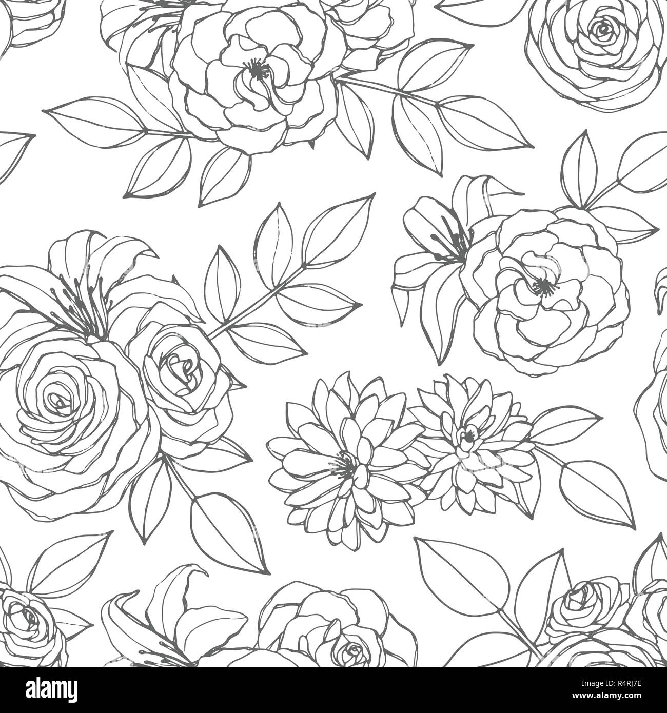 Transparente avec motif vecteur rose, muguet, pivoine et fleurs chrysanthème l'art de la ligne sur le fond blanc. La main de l'ornement floral répéter blosso Illustration de Vecteur