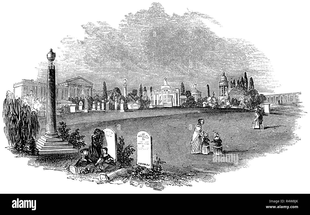 1845 gravure de Kensal Green Cemetery à Londres. Banque D'Images