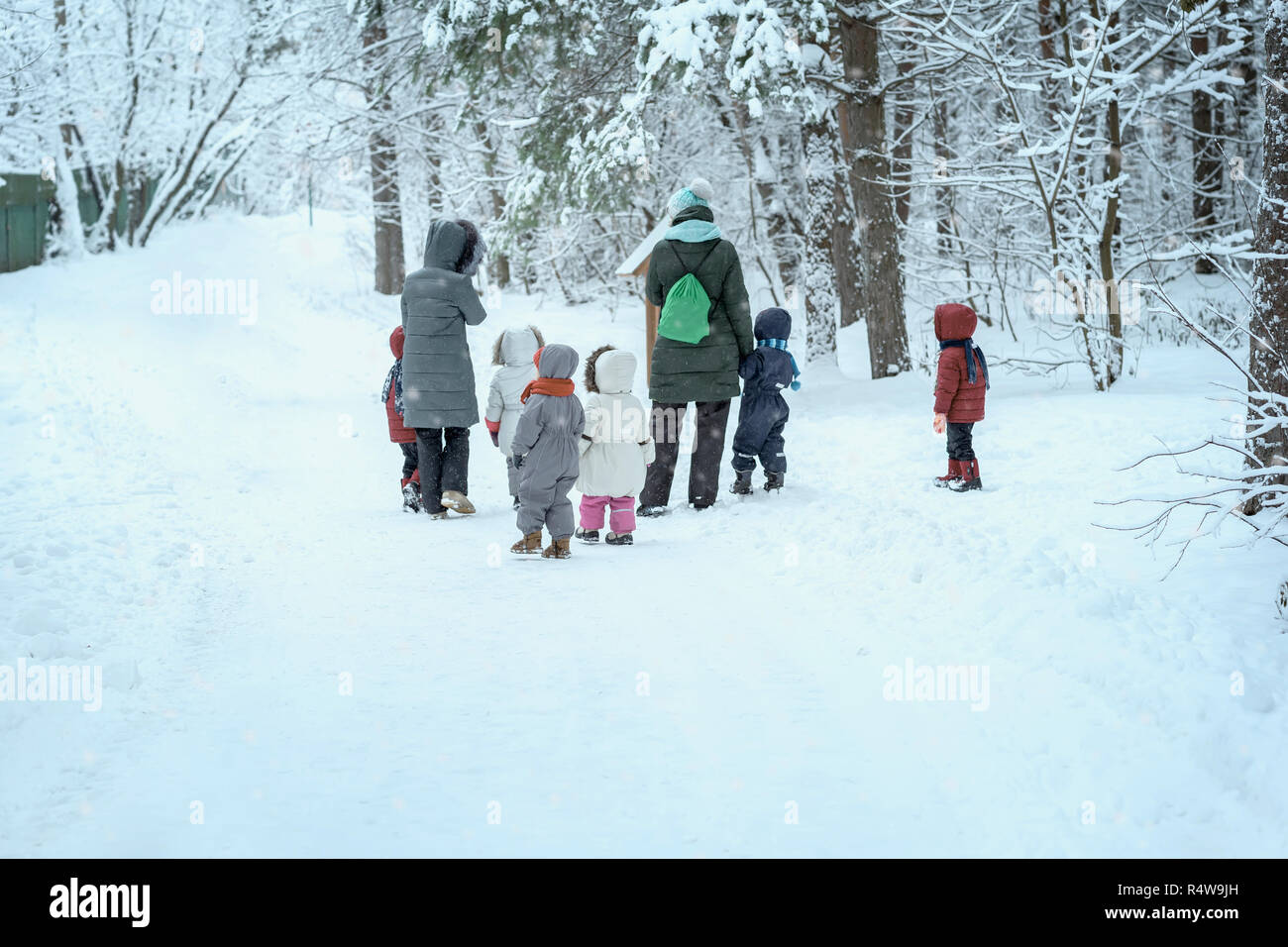 Plusieurs de méconnaissable les petits enfants avec des enseignants de la maternelle, de nouveau à nous, marcher main dans la main dans le parc de loisirs d'hiver, de neige, d'un mode de vie actif Banque D'Images