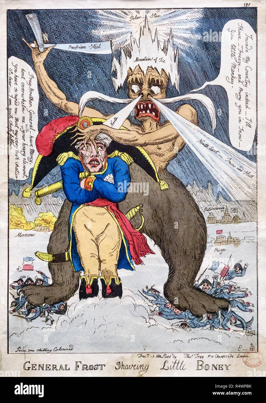 L'Empereur Napoléon étant à peu près "haved' par l'âpre hiver russe, représenté comme un démon de coiffure. Il fait référence à Napoléon en 1812 Retraite de Moscou Banque D'Images