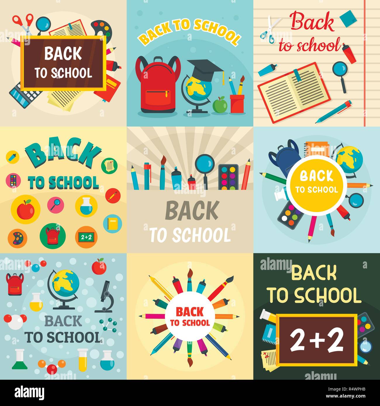 Retour à l'école Outils pour enfants fournitures bannière concept défini. Télévision illustration de 9 enfants Retour à l'école fournitures outils bannière web Concepts de vecteur Illustration de Vecteur