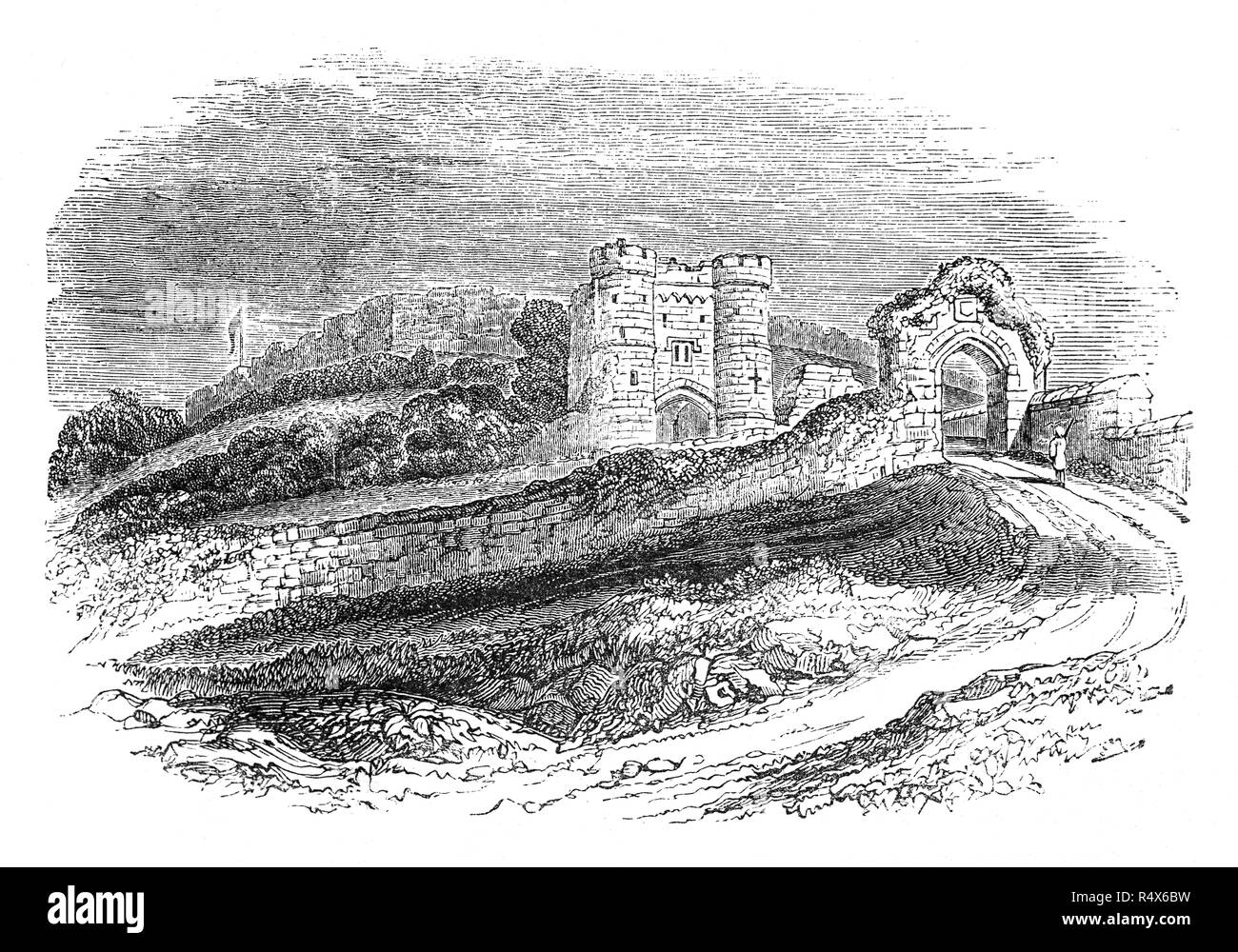 Carisbrooke Castle est une motte-et-bailey château situé dans le village de Carisbrooke (près de Newport), Île de Wight, en Angleterre. Le donjon a été ajouté au château sous le règne de Henri I, et elle était entourée de fortifications supplémentaires sous le règne d'Elizabeth I, lors de l'Armada espagnole était prévu en 1583. Carey a demandé à l'ingénieur italien Federigo Giambelli (ou Genebelli) de faire plus d'améliorations substantielles à la défense nationale en 1600. Charles I a été emprisonné ici pendant 14 mois avant son exécution en 1649. Banque D'Images