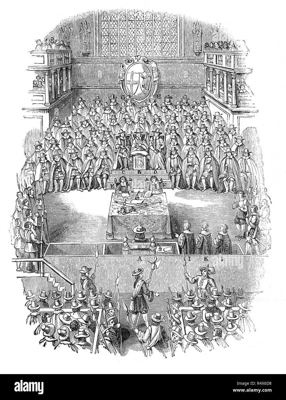 La Haute Cour de justice de Westminster Hall, la cour a été établie par le Parlement croupion d'essayer le Roi Charles I d'Angleterre. C'était un tribunal ad hoc créé spécifiquement dans le but d'essayer le roi, a débuté le 20 janvier 1649. Charles a refusé d'inscrire un plaidoyer, affirmant qu'aucun tribunal n'a compétence à un monarque.croire que sa propre autorité de la règle avait été due à le droit divin des rois qui lui ont été données par Dieu. La Cour a procédé comme si le roi avait plaidé coupable et il a été déclaré coupable lors d'une séance publique le samedi 27 janvier 1649 et condamné à mort. Banque D'Images