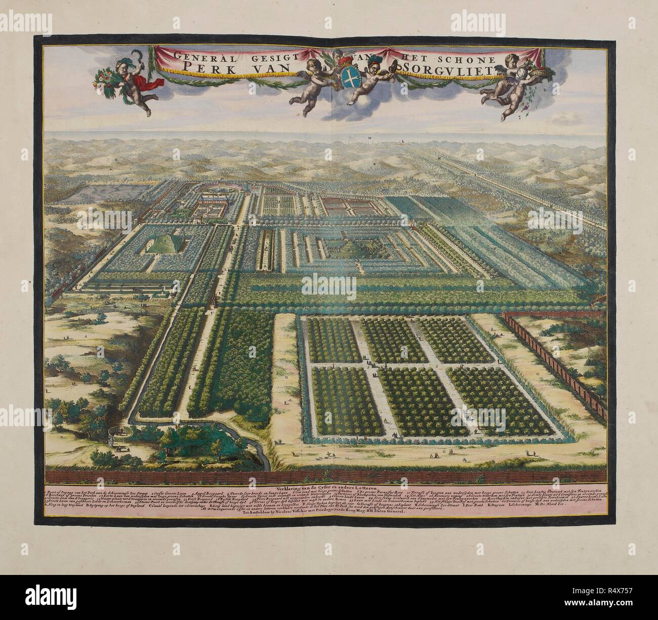Vue générale du magnifique parc de Zorgvliet. Tonneel van Nederlandse Lusthooven... Amsterdam, 1718. Vue générale du magnifique parc de Zorgvliet. Sur la droite de cette vue d'ensemble de Zorgvliet, surmonté d'une bannière et les bras Bentinck roulement puttis, peut être vu l'achèvement récent de la grande route reliant La Haye pour la station balnéaire de Scheveningen. La vue donne une bonne idée de comment fermer les dunes de sable sont à la maison (en haut à gauche, bien loin de la route) et de ses vastes jardins. Image prise à partir de : Tonneel van Nederlandse Lusthooven. Eerste deel, waar dans vertoond worden 't Banque D'Images