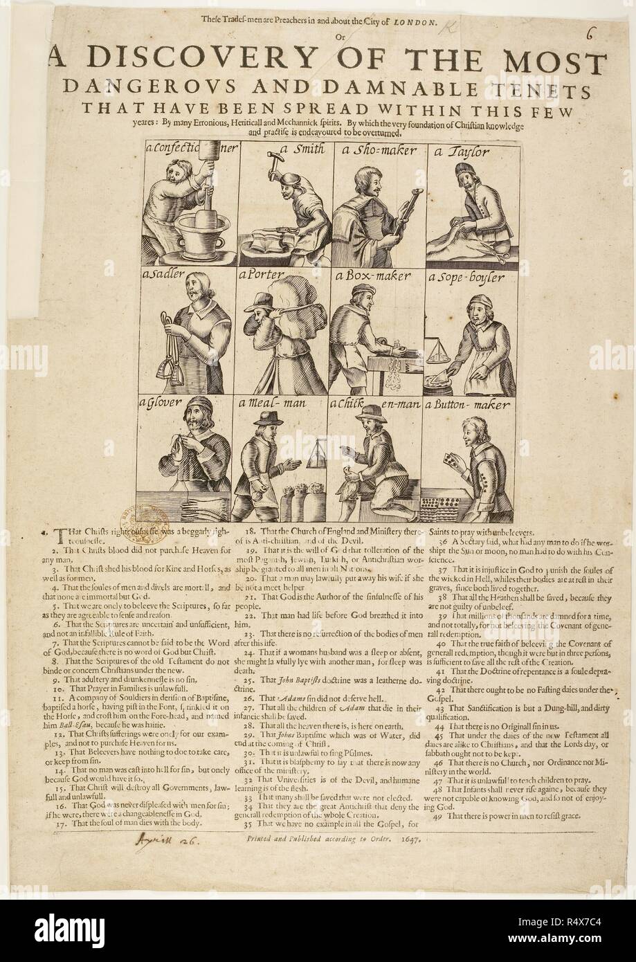 Douze Illustrations de personnes de métier, d'une profession donnée jugée dangereuse, d'hérétique et malveillante. Tailleur, cordonnier, Sadler et autres. Ces hommes de métier sont prédicateurs dans et sur la ville de Londres. Londres, 1647. Ces hommes de métier sont prédicateurs dans et sur la ville de Londres ; ou, une découverte des plus dangereux et damnables principes fondamentaux qui ont été répandues par de nombreux ... erronicus hereticall mechannick, et des esprits, par laquelle le fondement même de la connaissance et de la pratique chrétienne s'est toujours efforcé d'être renversée. Source : 669.f.11.(6). Langue : Anglais. Banque D'Images