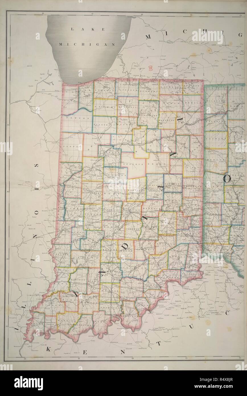 De l'Indiana. L'American Atlas ; exposer les bureaux de poste, P. [Washington] : D.H. Burr, Juillet 10th, 1839. Site de l'Indiana. Image prise à partir de l'American Atlas ; exposer les bureaux de poste, publiez les routes, les chemins de fer, routes, canaux et les divisions politiques et physiques des États-Unis d'Amérique du Nord ; le gouvernement construit à partir de sondages et d'autres documents officiels. Par D.H. Burr. John Arrowsmith [Del]. Publié à l'origine/produit dans [Washington] : D.H. Burr, Juillet 10th, 1839. . Source : Maps.145.e.8, no20. Langue : Anglais. Banque D'Images