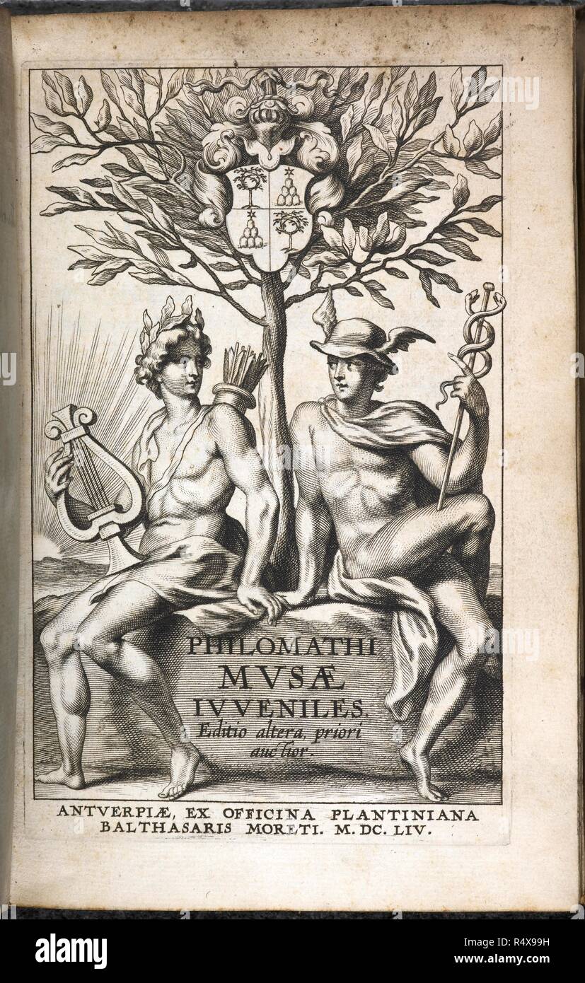 Illustration de deux hommes sous un arbre. Philomathi MusÃ¦ juvenilis. Editio altera auctior a priori. Anvers, 1654. Philomathi MusÃ¦ juvenilis. Source : 11408.d.47 page de titre. Langue : le latin. Banque D'Images