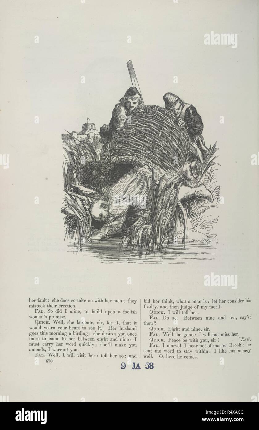 Embout Falstaff dans un fossé boueux. Vignette gravée en bois d'après John Gilbert pour illustrer "Les Joyeuses Commères de Windsor". Les pièces de Shakespeare. Édité par Howard Staunton ; les illustrations de John Gilbert, gravé par les Frères Dalziel. G. Routledge & Co. : Londres, 1858-1860. Source : 11764.g.16, 670. Langue : Anglais. Banque D'Images