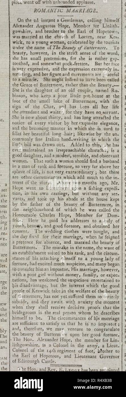 Mariage romantique. Morning Post. Le 11 octobre 1802. Un compte rendu de la réunion et le mariage d'Alexandre Auguste espoir, les États (du Parlement) ) pour Linlithgowshire, à une jeune femme, connue sous le nom de 'la beauté de la Lande'. Image réalisée à partir d'Morning Post. Publié à l'origine/produit en Octobre 11, 1802. . Source : Colindale, 3. Langue : Anglais. Banque D'Images