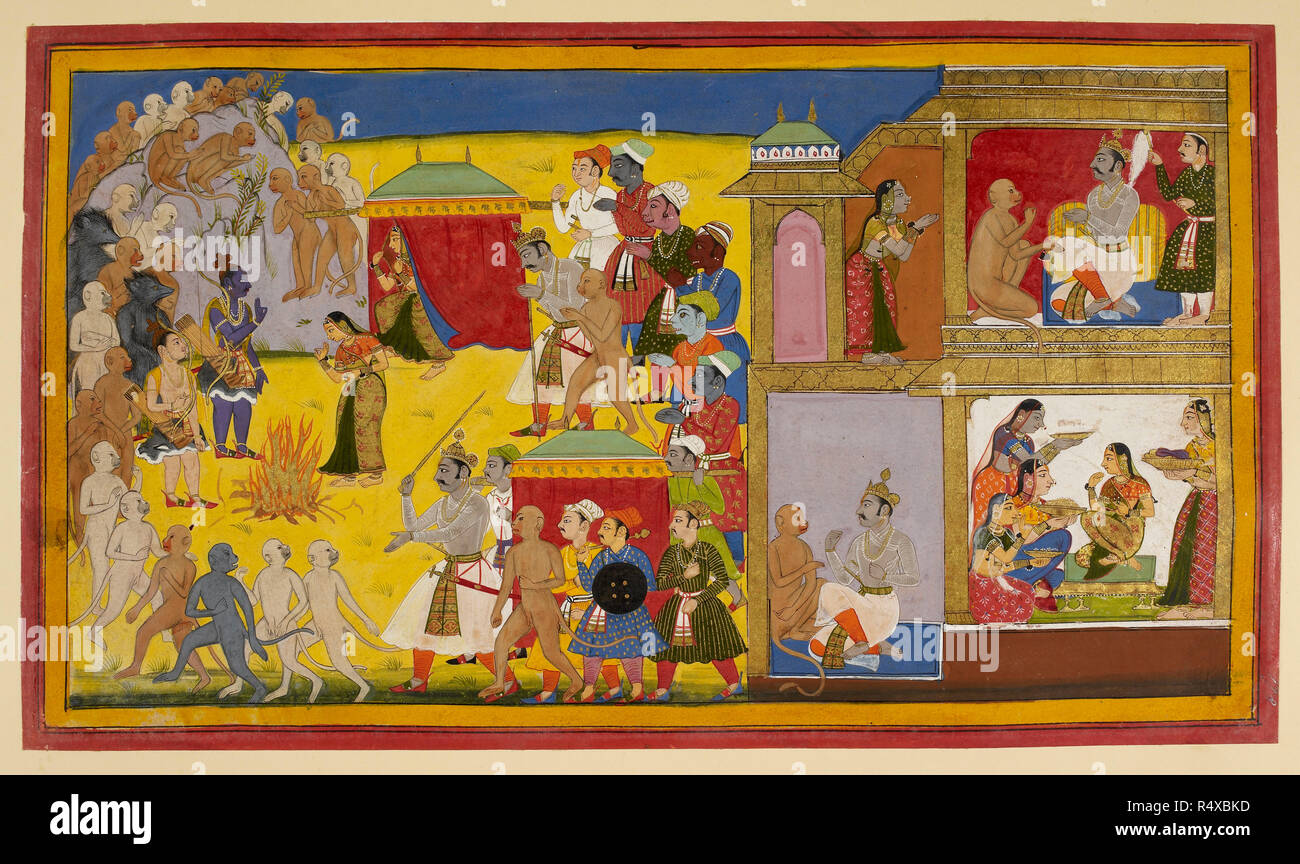 Rama répudie Sita, Rama envoie Hanuman pour Vibhisana dans la ville pour lui dire de mettre convenablement Sita orné en sa présence. Les femmes apportent ses robes et bijoux. Sita est portée à Rama dans un palanquin par Hanuman et Vibhisana et ses démons. Vibhisana tente de chasser la foule pour que Sita ne doit pas être vu par des étrangers, mais dissimulant son bonheur Rama dit qu'il n'est pas interdit de regarder une femme qui est tombée dans la détresse. Beaucoup de grimper sur la colline pour voir émerger de Sita son palanquin. Rama répudie son : elle a vécu dans une autre maison de l'homme et, par conséquent, il ne serait pas juste pour Banque D'Images