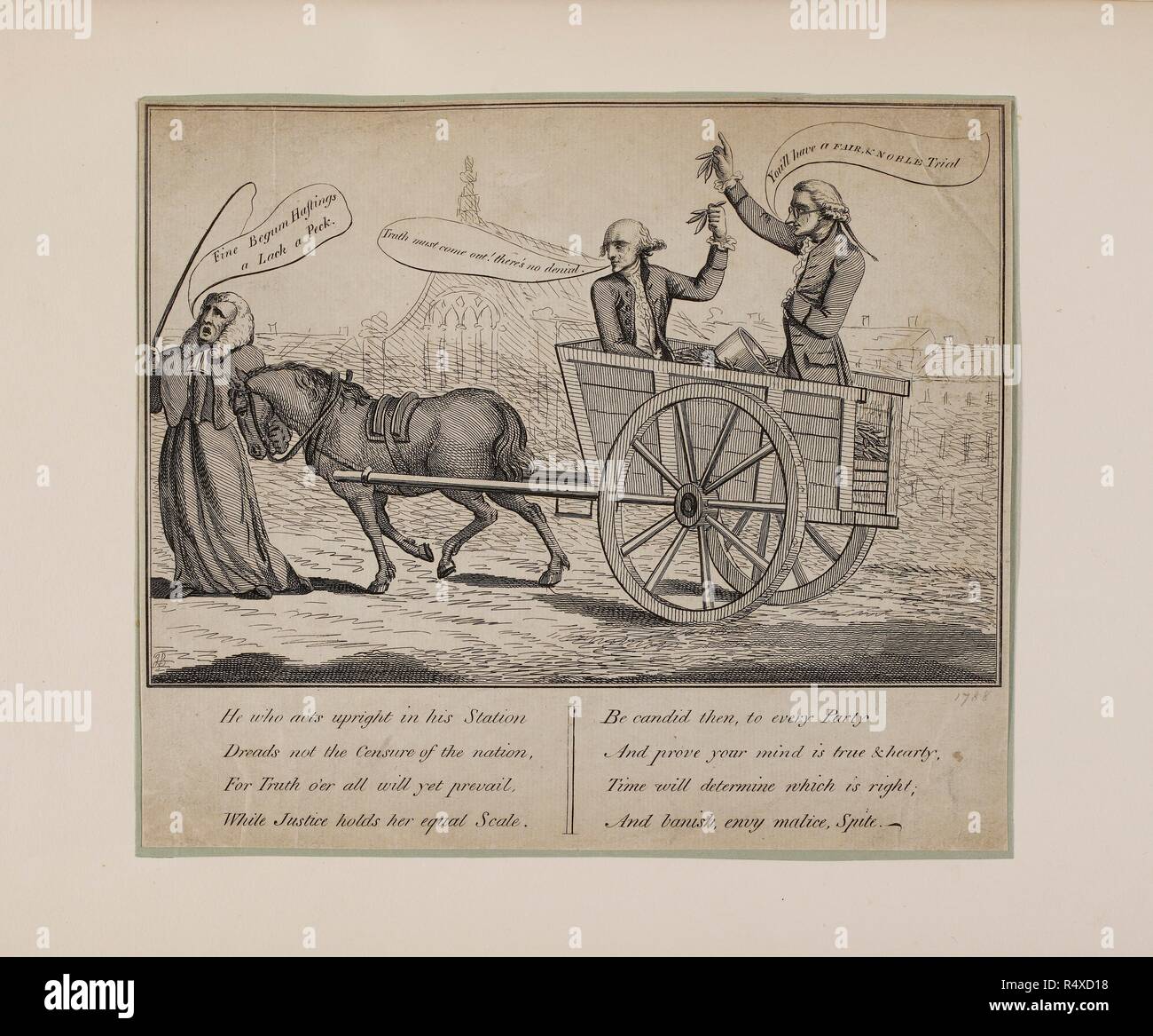 La Bégum Fine Hastings un manque un Peck. 1787-1788. Le lord chancelier, Edward Thurlow, tire un chariot portant le Warren Hastings et Edmund Burke, chacun affirmant leur ascendant moral et holding peapods dans l'air. La représentation de peapods est un calembour sur le nom de Hastings, qui était aussi un type populaire de pois vert, et la monnaie indienne, la roupie, ce qui implique que son accusation était dû à d'irrégularités financières. L'exclamation de Thurlow peut aussi être un jeu de mot sur 'Absence' et 'lakh', le terme Indien pour une centaine de milliers. Date de publication : 1787 - 1788. . Source : P3322. Banque D'Images