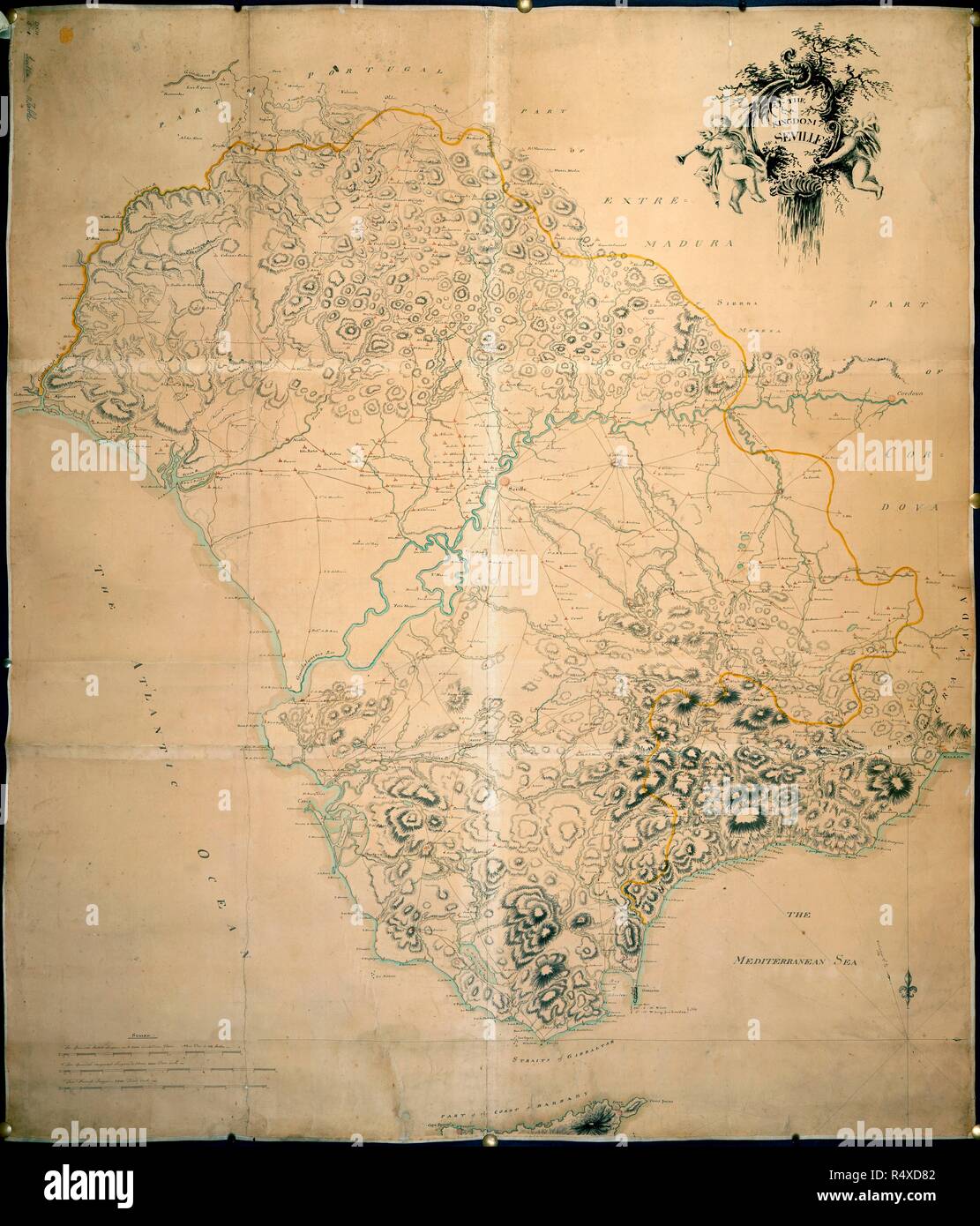 Carte du royaume de Séville, en Espagne en 1769. . Une carte en couleur du royaume de Séville. Publié en 1769. En 1769, sur une échelle de la Ligue 1 française, de 2500 toises, d'un pouce. Source : Maps K.Haut.72.5.l. Langue : Anglais. Banque D'Images