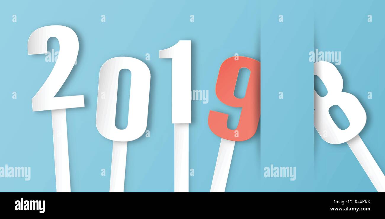 Bonne Année 2019 décor sur fond bleu. Vector illustration avec la calligraphie conception de nombre dans la coupe en papier et numérique de l'artisanat. Le concept s Illustration de Vecteur