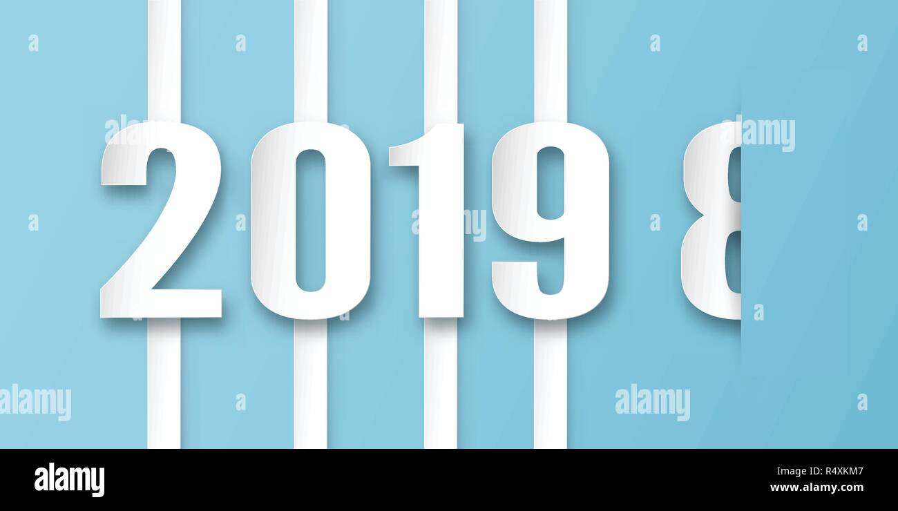 Bonne Année 2019 décor sur fond bleu. Vector illustration avec la calligraphie conception de nombre dans la coupe en papier et numérique de l'artisanat. Le concept s Illustration de Vecteur