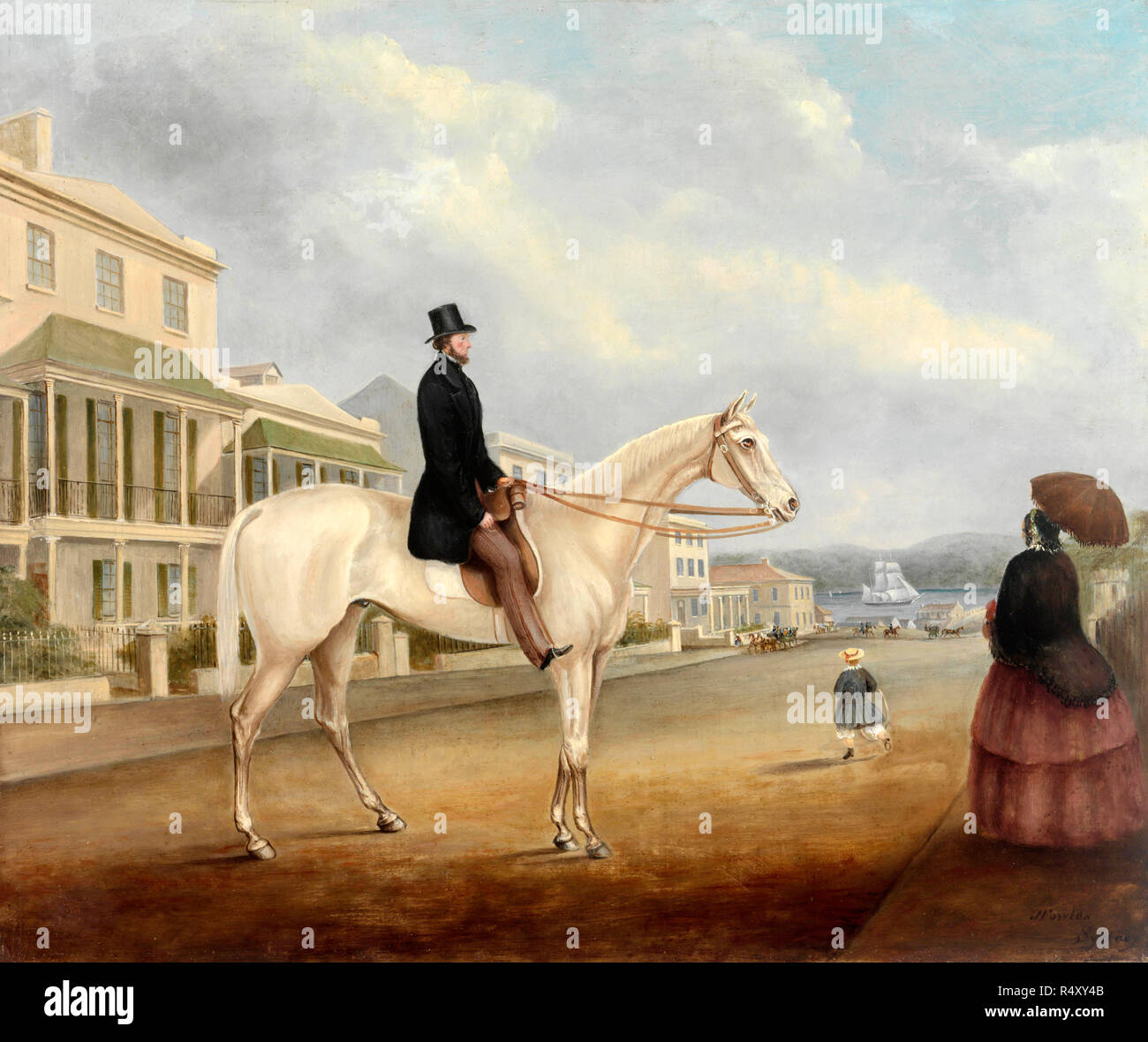 Stephen Butts voyageur de commerce et publicain sur un cheval blanc, Macquarie Street, Sydney, New South Wales, Australie vers 1850 peint par Joseph Fowles Banque D'Images