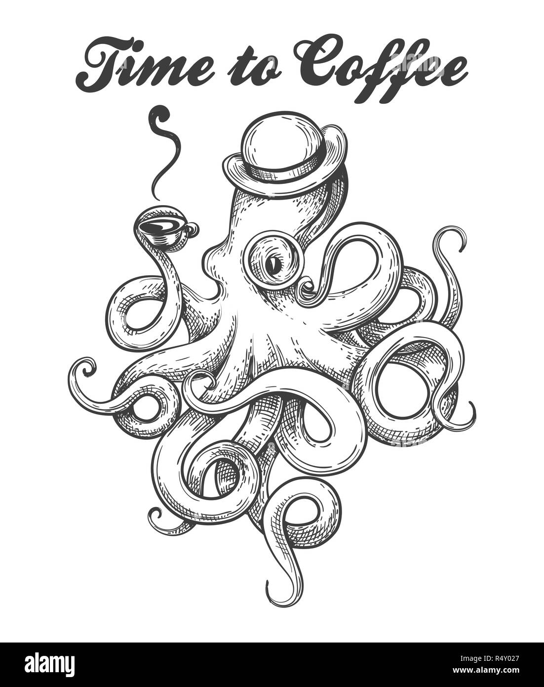 Le poulpe en chapeau melon et les lunettes avec tasse de café dans la région de tentacule. Style Tattoo pieuvre avec temps libellé de café. Vector illustration. Illustration de Vecteur