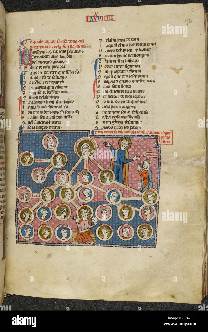 La postérité d'Abraham, la bénédiction de Dieu. La page illustrée du manuscrit de poèmes en ProvenÃ§al. Poèmes, etc. poèmes, &c., dans§ProvenÃ Nom Matfre Ermengau par al, 'en-hor en leys' [docteur en droit ?]et troubadour, de BÃ©ziers. Dates Ermengau le début de son poème, le chef Breviari, en 1288 (f. 7, l. 13), et l'achèvement d'environ deux tiers en 1299 (f. 160). Source : Royal 19 C. Je f.96. Langue : ProvenÃ§al. Banque D'Images