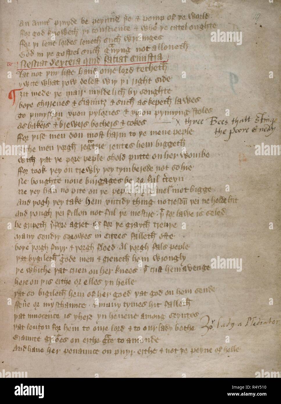 Texte qui contient de nombreuses descriptions topographiques détaillées des rues de Londres et de la vie dans la capitale. La Vision de William Piers Plowman, concernant l'ensemble de Dowell, Dobet et Dobest. Fin du 14e siècle. Source : ajouter. 35157, f.19. Auteur : William Langland,. Banque D'Images