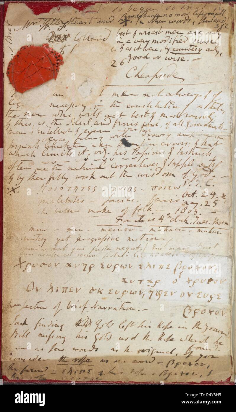 Document manuscrit avec joint. Le grec et l'anglais. Les écrits de Samuel Taylor Coleridge. Cahiers de Samuel Taylor Coleridge. Documents de Coleridge. Cahiers de S.T. Coleridge, 1794- 1834. Autographe. Question supplémentaire à ajouter. 27901, couvrant les années 1795-1800. Source : ajouter. 47518 ; f.1c. Banque D'Images