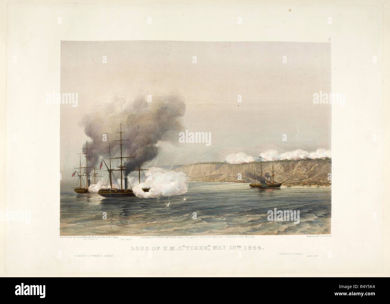 La perte du HMS Tiger, 12 mai 1854. Vue sur le bombardement d'Odesa, navire en feu sur la gauche. Lire les sous-titres 'Vesuvius' et 'Niger'. Les lettres 'COLNAGHI' série authentique du bas à gauche. Selon Parker, 'La petite frégate britannique Tiger, 16, le capitaine H. W. Giffard, avec le Niger, 14, commandant L.G. Heath, et le Vésuve, 6, commandant de la R.A. Powell, avait été détaché le 11 mai, pour une croisière au large de Odessa. Dans un épais brouillard, le tigre s'est séparée de son époux et s'est échoué à environ cinq milles au sud-est d'Odessa. Environ 9h00 les canons de la côte ont commencé à tirer et en moins de dix minutes la Tig Banque D'Images