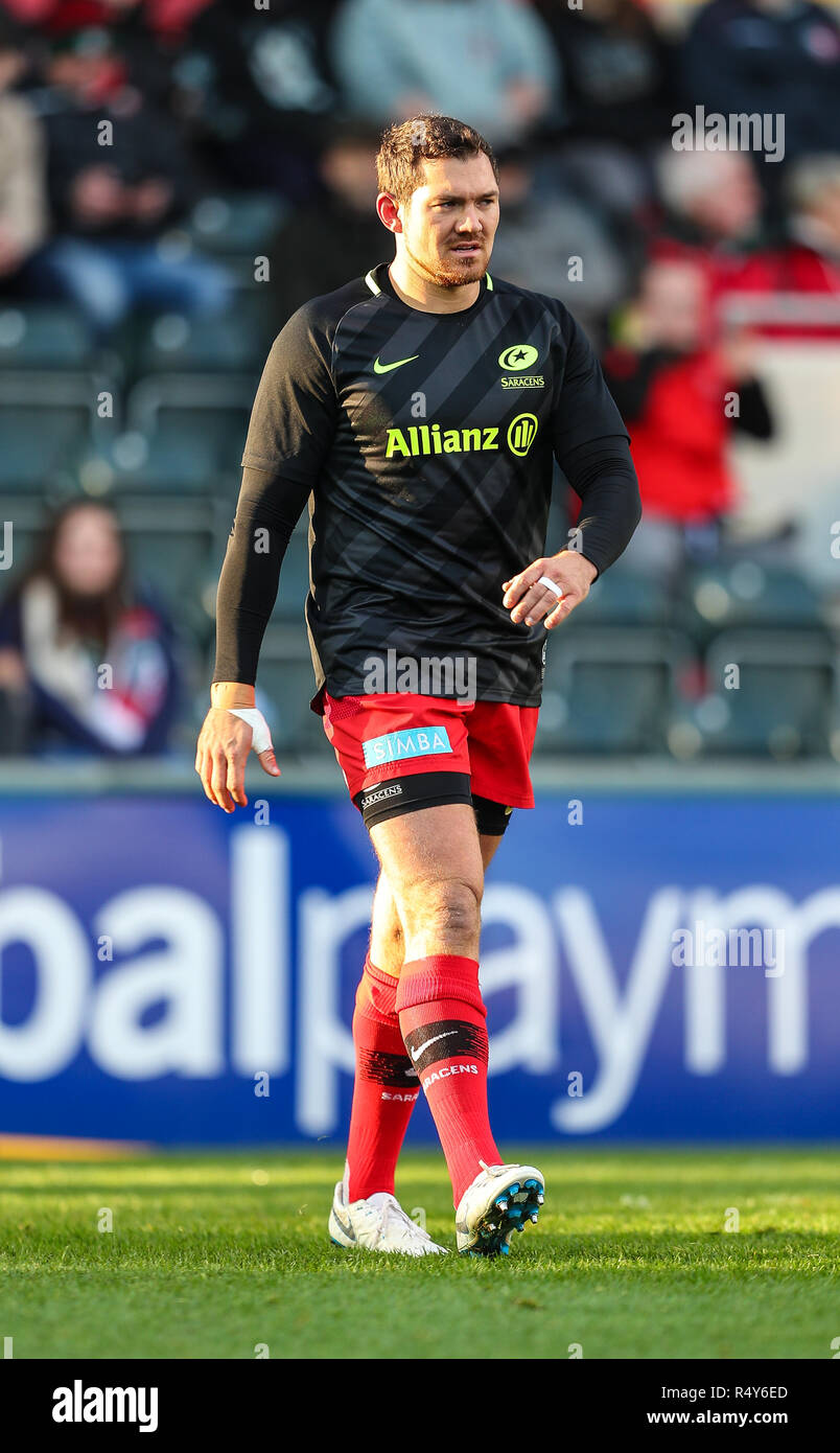 25.11.2018 Leicester, Angleterre. Alex Goode (sarrasins) se réchauffe avant le Rugby Premiership Gallagher 8 ronde match entre Leicester Tigers et Sarac Banque D'Images