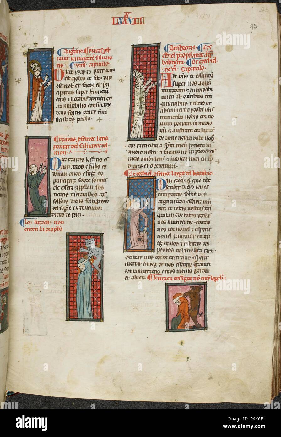 La page illustrée du manuscrit de poèmes en ProvenÃ§al. Poèmes, etc. poèmes, &c., dans§ProvenÃ Nom Matfre Ermengau par al, 'en-hor en leys' [docteur en droit ?]et troubadour, de BÃ©ziers. Dates Ermengau le début de son poème, le chef Breviari, en 1288 (f. 7, l. 13), et l'achèvement d'environ deux tiers en 1299 (f. 160). Source : Royal 19 C. Je f.95. Langue : ProvenÃ§al. Banque D'Images