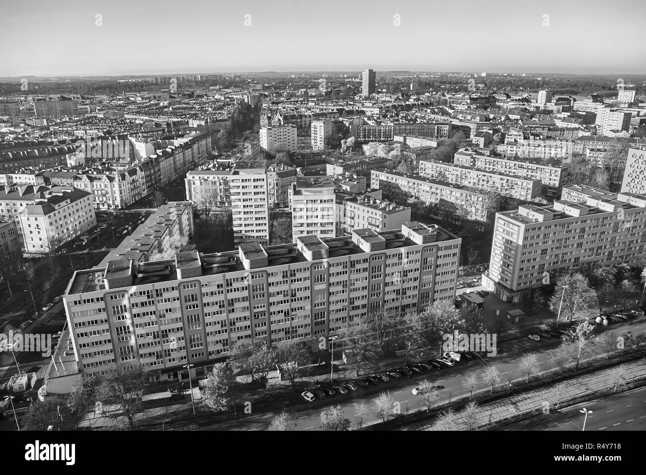 Le noir et blanc vue aérienne de la ville de Szczecin (Stettin), Pologne. Banque D'Images