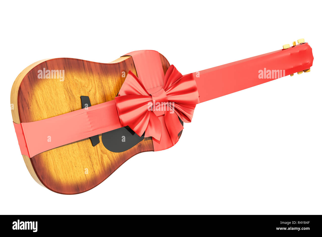 Guitare en bois avec noeud et ruban, cadeau concept. Le rendu 3D isolé sur fond blanc Banque D'Images