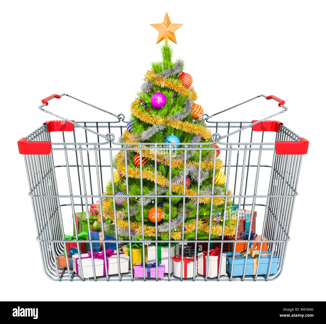 Vente de Noël et shopping concept avec panier avec arbre de Noël et de coffrets cadeaux à l'intérieur. Le rendu 3D Banque D'Images