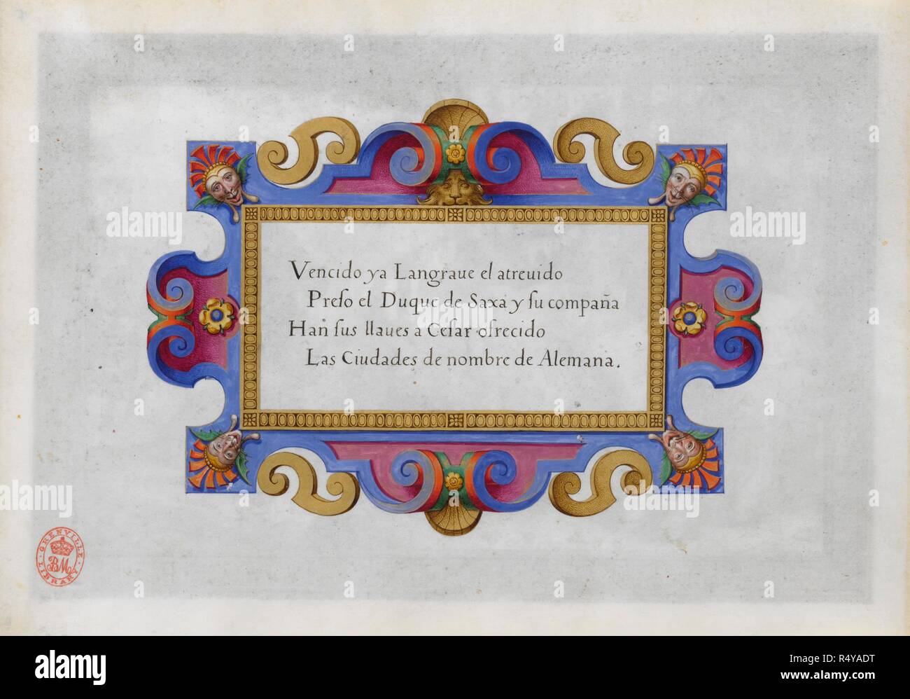 Une inscription sur l'une des victoires militaires de l'Empereur Charles V d'Espagne. . Une série de 12 miniatures illustrant les victoires de l'Empereur Charles V. en quatrains descriptifs en espagnol. Anvers. Une série de 12 miniatures illustrant les victoires de l'Empereur Charles V. en quatrains descriptifs en espagnol. Chaque miniature, y compris une bordure de 3/4 de pouce de large, mesure 10 1/4 pouces de longueur par 7 pouces de hauteur, et est peint sur le recto d'une feuille de vélin, 11 1/2 x 8 pouces. Source : ajouter. 33733 f.15v. Langue : espagnol. Banque D'Images