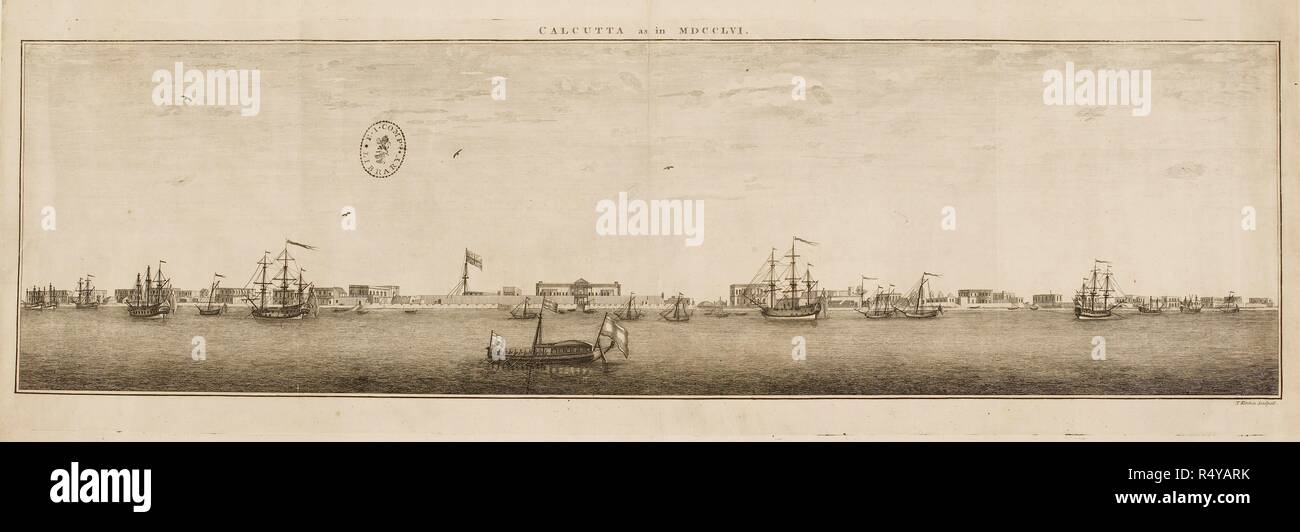 Une illustration de la ville de Calcutta en 1756. Navires de la flotte dans le port. Bâtiments sur la rive. Un port de commerce. . Les opérations militaires de l'histoire de la Nation Britannique à Indostan à partir de l'année 1745. Londres Angleterre 1803. Calcutta comme dans MDCCLVI.' la gravure en ligne de Thomas Kitchin de Robert Orme's Histoire de l'Armée de la Nation Britannique Transactions dans Indostan à partir de l'année 1745, Londres, 4e édition, 1803 Artiste : Thomas Kitchin, (fl. 1750s) . Source : P317. Langue : Anglais. Banque D'Images