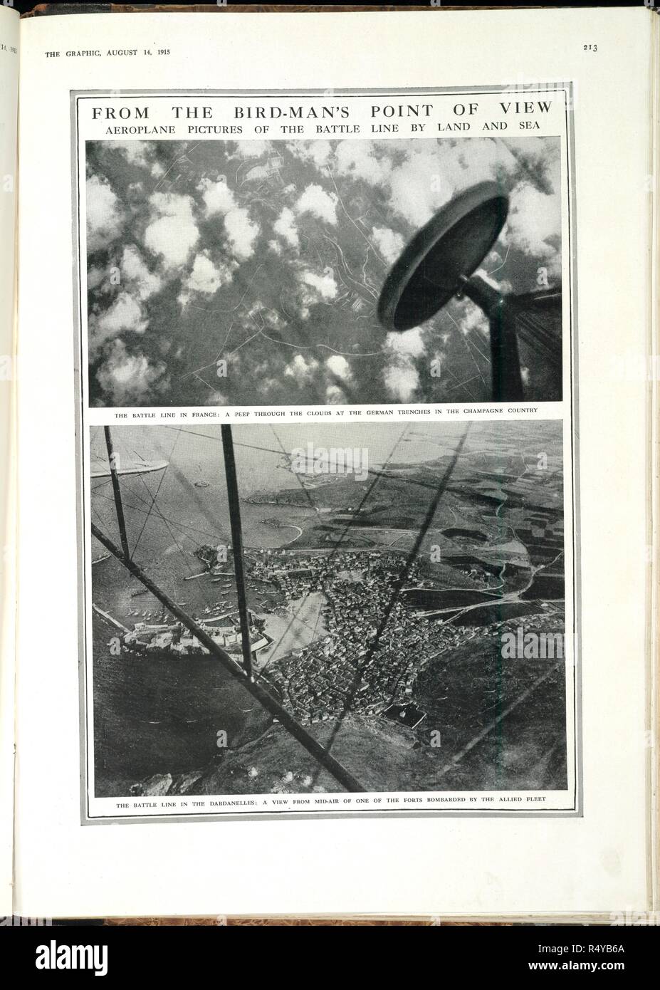 À partir de l'oiseau-homme du point de vue. Photos de l'avion de la ligne de front par terre et par mer. Images de la Première Guerre mondiale. Le graphique. Londres, le 14 août 1915. Haut de la photographie : "La ligne de front en France : un mot à travers les nuages dans les tranchées allemandes dans la Champagne.' bas photographie : 'la bataille des Dardanelles en ligne : une vue de l'air de l'un des forts bombardée par la flotte alliée.'. Source : Colindale,. Langue : Anglais. Banque D'Images