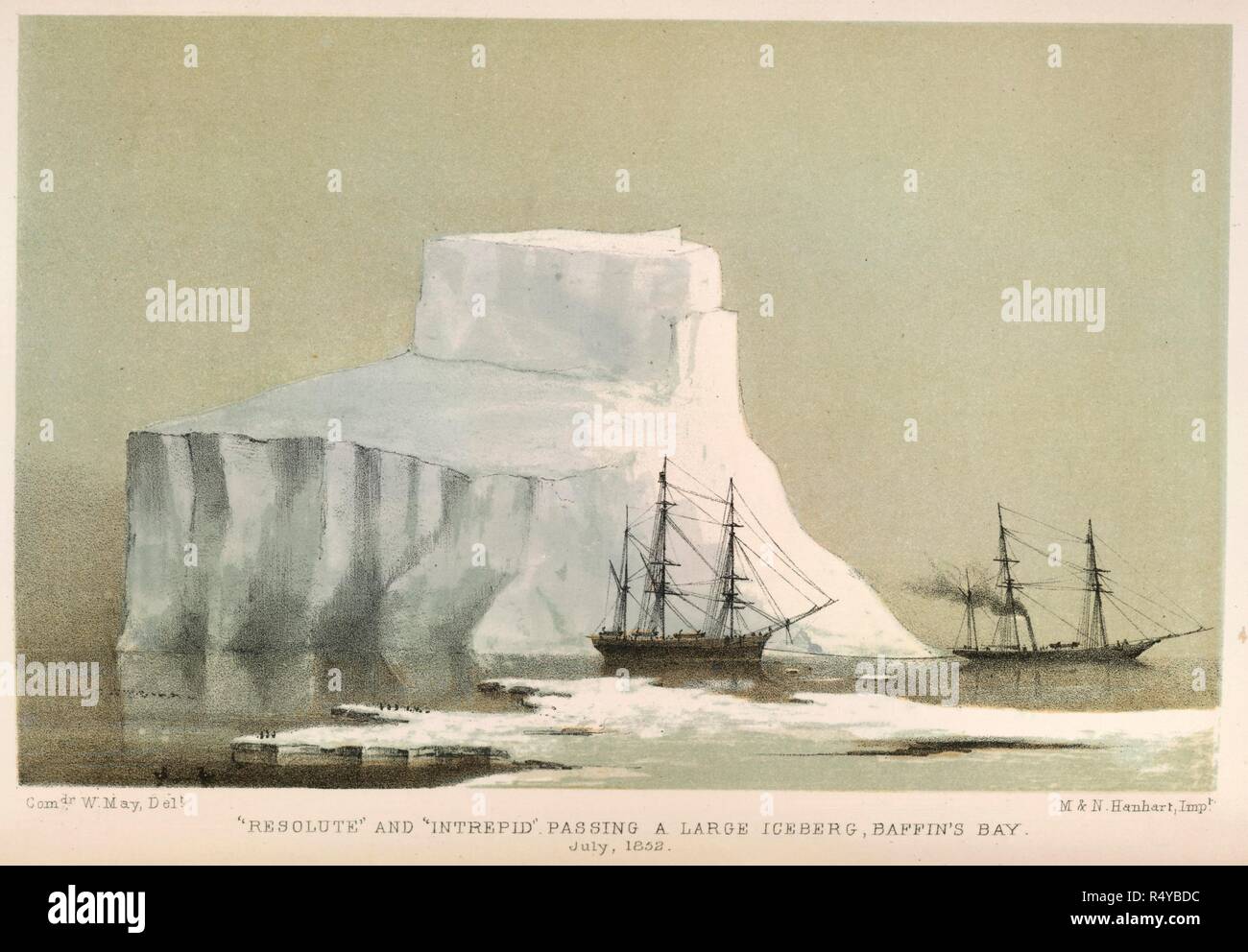 'Ferme' et 'Intrepid' passant un gros iceberg, la baie de Baffin. Juillet 1852. Le voyage mouvementé d'HM navire de découverte "oeResoluteâ€ pour les régions de l'Arctique à la recherche de Sir J. Franklin à laquelle est ajouté un compte de son être tombé avec par un baleinier américain Après son abandon et de sa présentation à la reine Victoria par le gouvernement des États-Unis. Londres, 1857. Source : 10460.e.19 page 57. Auteur : Hanhart, Michael. Hanhart, Nicholas. Macdougal, George Fredeick. Banque D'Images