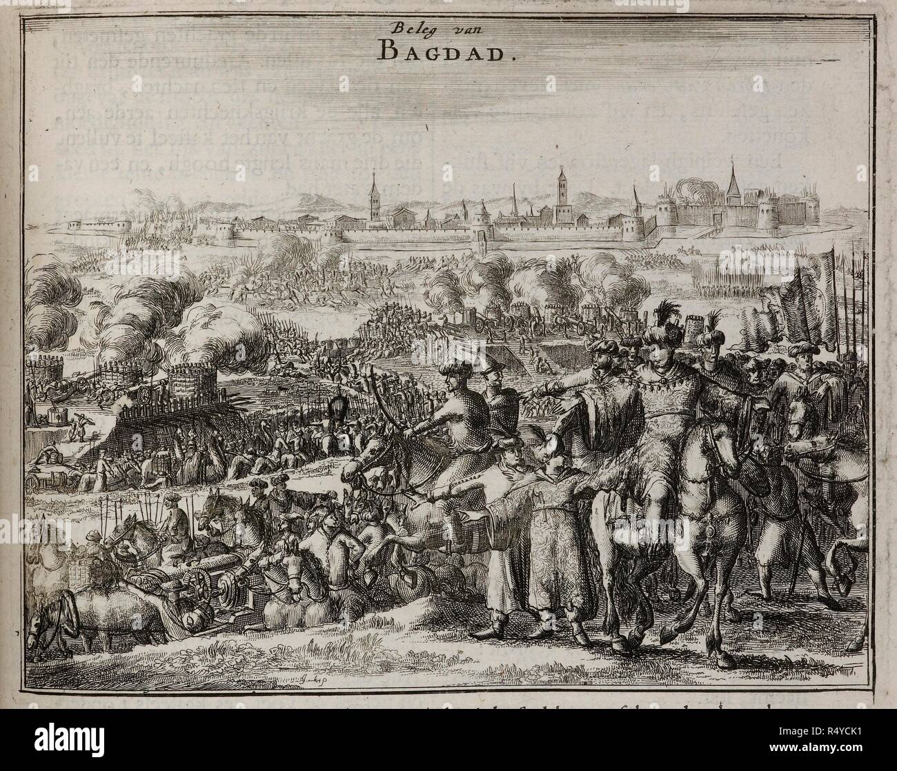 Une illustration d'un groupe de soldats sur les hauteurs à l'extérieur des murs de Bagdad. Un siège. . Naukeurige beschryving van Asie : behelsende gewesten de van Mesopotamie Assyrie, Babylonie, Anatolie, Asie, de Klein ... Amsterdam 1680. Source : 984.g.14 page 129. Langue : Allemand. Auteur : Olfert Dapper,. Banque D'Images