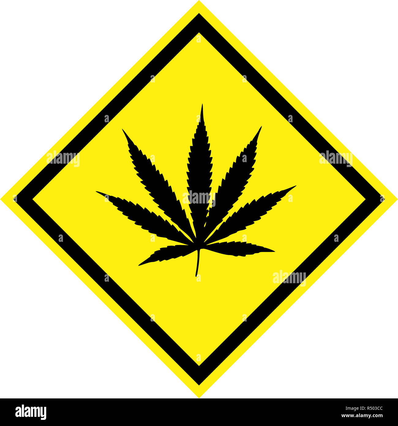 Signe de danger jaune avec symbole cannabis Banque D'Images