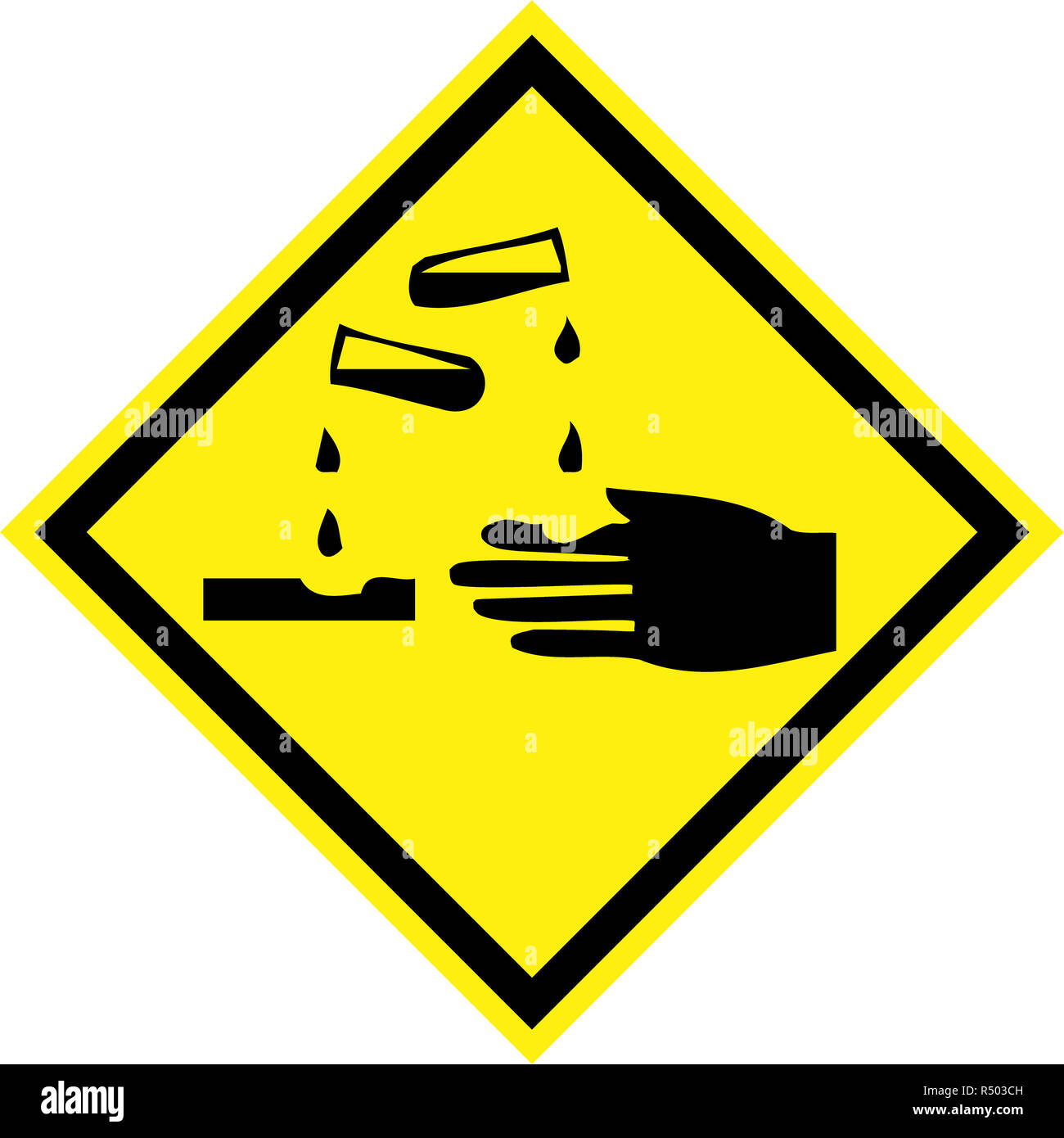 Signe de danger jaune avec symbole de substances corrosives Banque D'Images