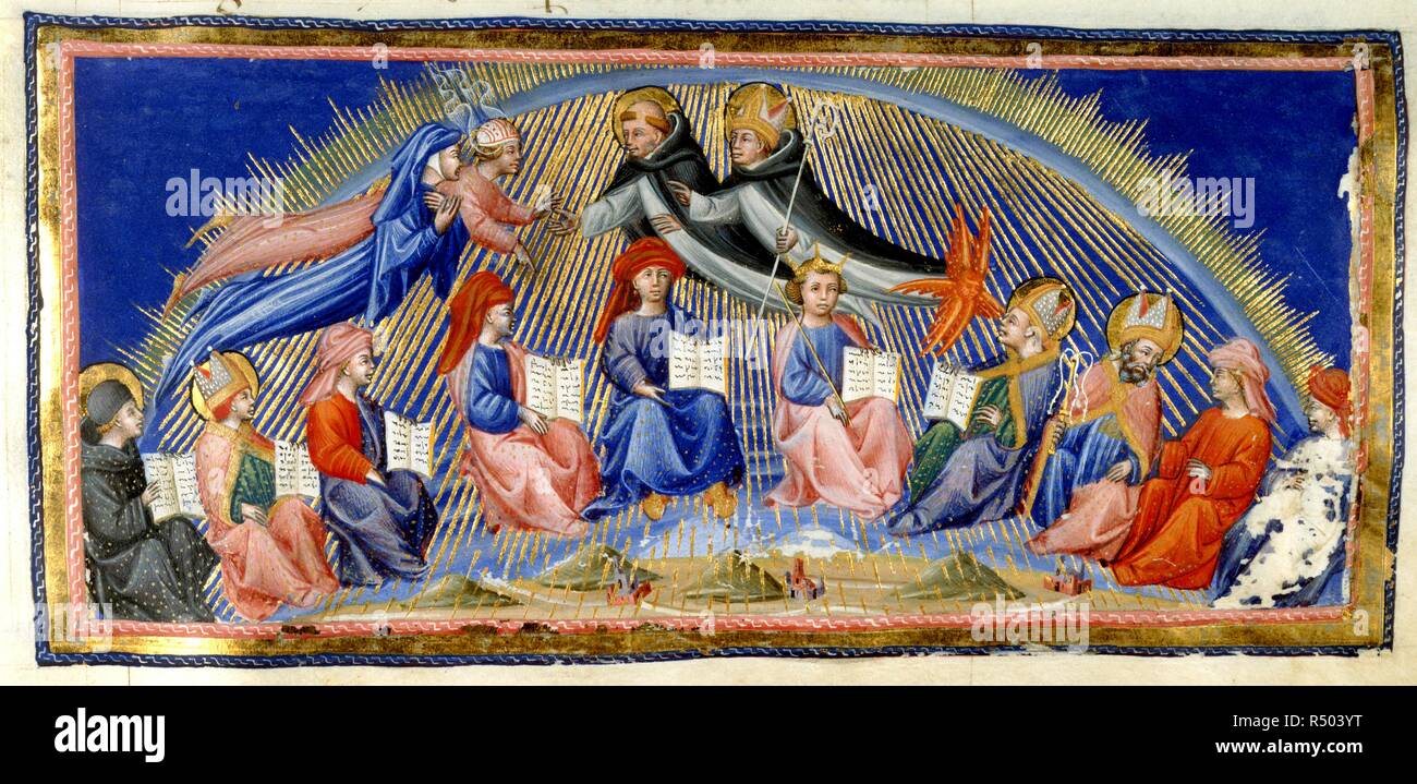 Paradiso, Canto X. Béatrice et Dante passez à côté du ciel du soleil rencontrez ces distingués pour leur sagesse.Ils sont accueillis par saint Thomas d'Aquin avec Albertus Magnus. Assis au-dessous de sont dix représentants de la sagesse ; Bede, saint Ambroise, Isidore de Séville, Denys l'Aréopagite, Solomon, Martinisme, Gratien, Pierre Lombard, Richard de Saint Victor et Siger de Brabant. Divine Comédie. [Italie] Toscane ; années 1450. Source : Yates Thompson 36, f.147. Langue : Italien. Auteur : DANTE ALIGHIERI. GIOVANNI DI PAOLO. Banque D'Images
