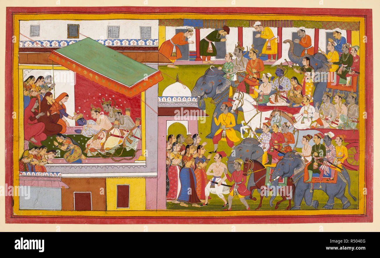 Le retour à Ayodhya et leur mère, ils entrent dans Ayodhya en triomphe. Rama et Sita sont dans un chariot et les trois frères dans un autre, tout en Vibhisana et les chefs alliés sont tous sur les éléphants. La procession arrive à l'palace par le bazar avec ses tentures et de fête avec les commerçants d'archet. Elles sont réunies aux portes de la zenana (femmes) par mesdames et à l'intérieur de la Queens' quarts les quatre frères et Sita s'inclinent devant Kausalya, Sumitra et Kaikeyi. Même Kaikeyi est pardonné. Image prise de Ramayana, Yuddha Kanda. Publié à l'origine/produit à Udaipur, 1652. Mus Banque D'Images